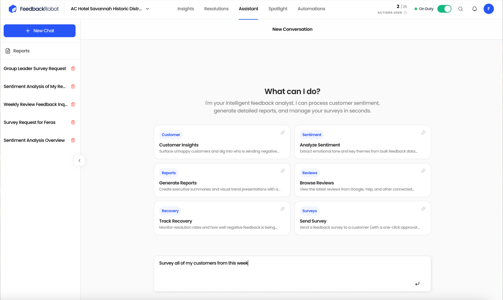 Screenshot of the FeedbackRobot AI Assistant chat interface, showing capability cards for Customer Insights, Analyze Sentiment, Generate Reports, Browse Reviews, Track Recovery, and Send Survey.