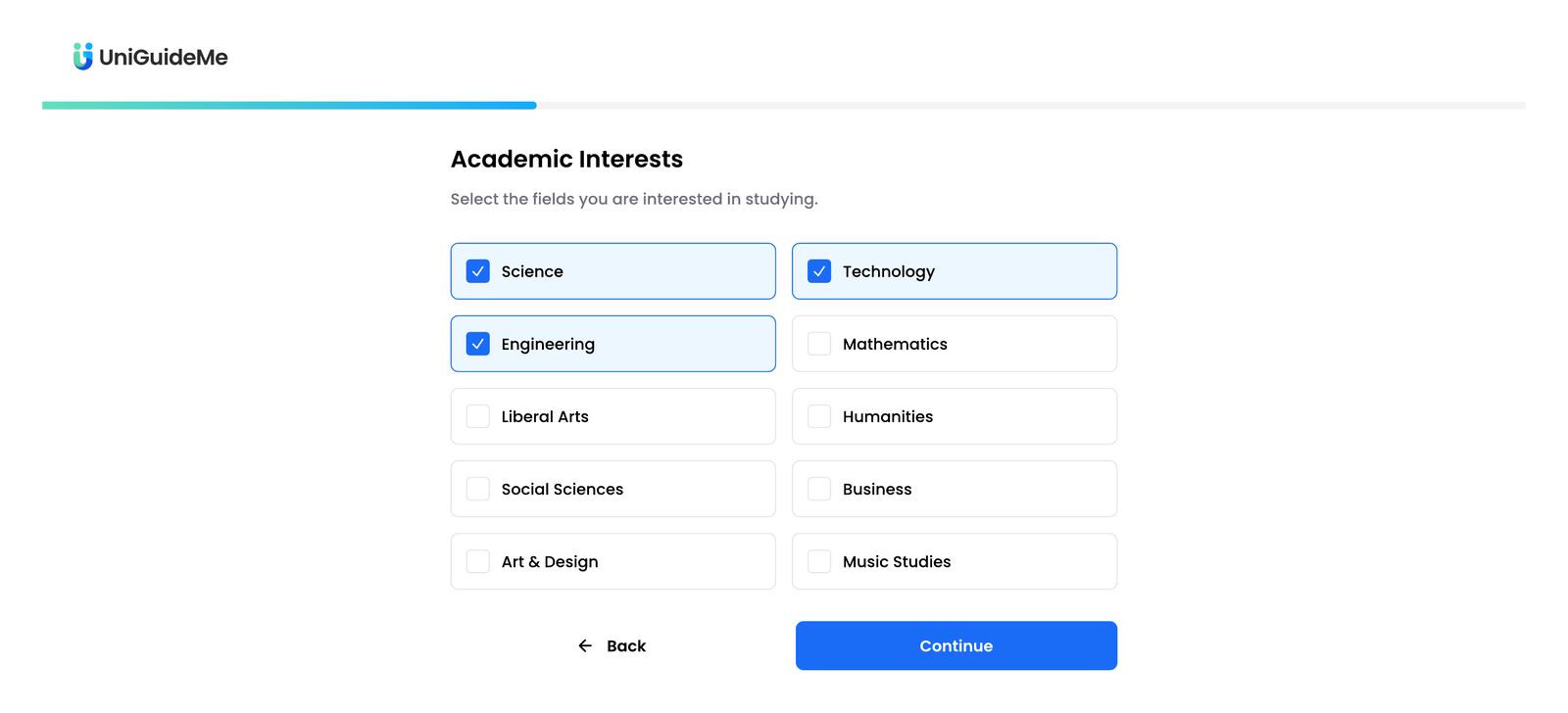 Screenshot of the UniGuideMe onboarding flow's Academic Interests step, showing selectable subject areas like Science, Technology, and Engineering with a progress bar at the top.