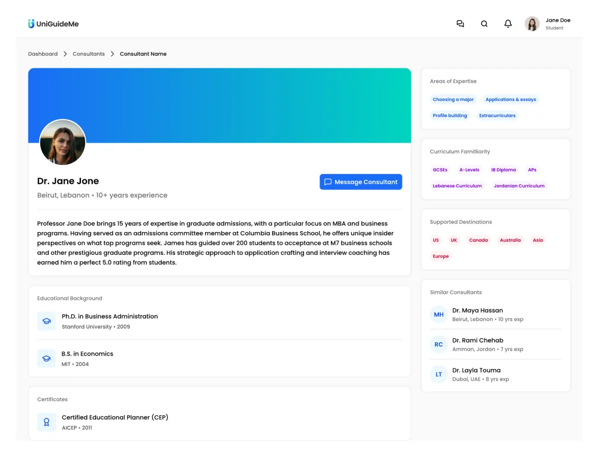 Screenshot of a UniGuideMe consultant profile page showing credentials, curriculum familiarity, and supported destinations.