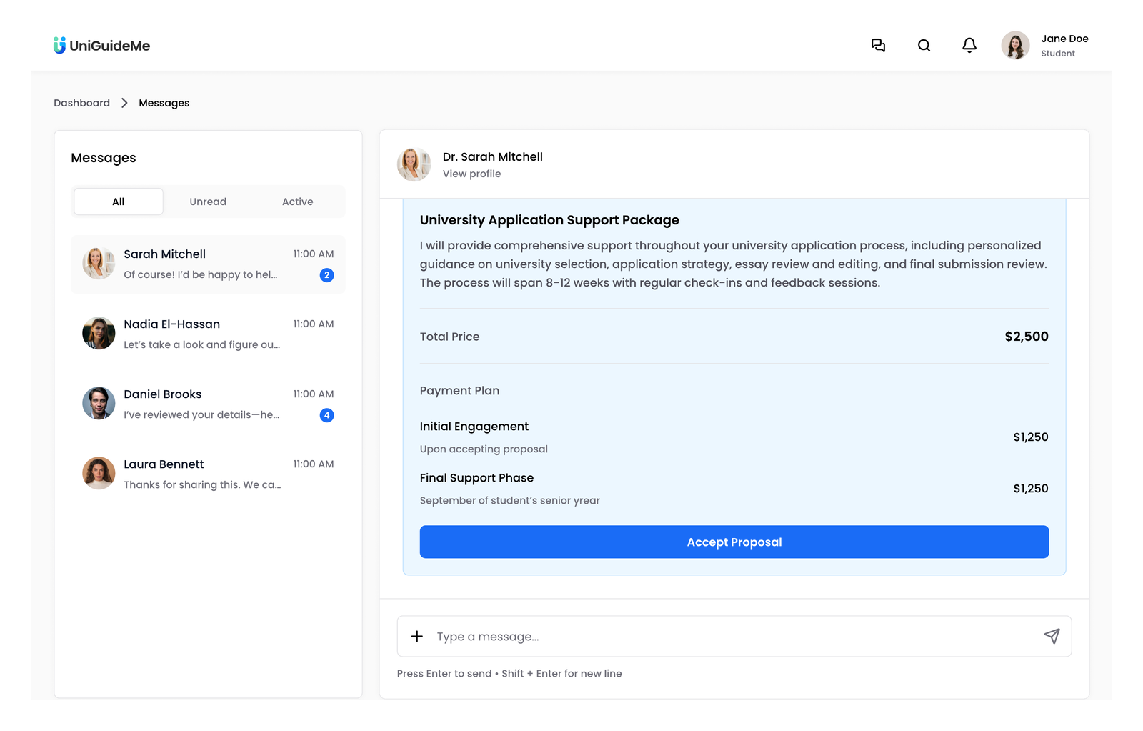Screenshot of a UniGuideMe messaging thread showing a consultant's structured proposal with total price and a milestone-based payment plan.