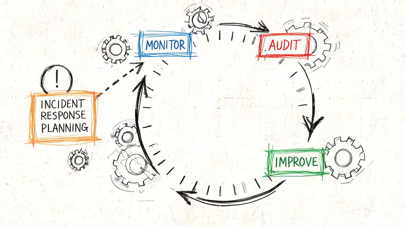 A hand-drawn diagram illustrating a cybersecurity incident response process, featuring stages for monitoring, auditing, and improving systems.