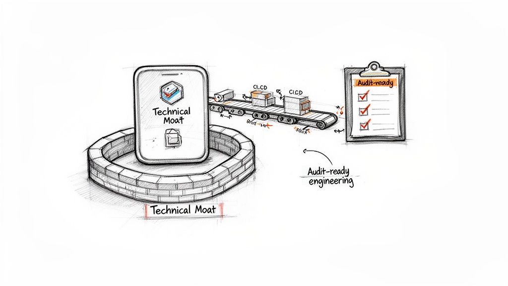 A defensible engineering foundation protecting a mobile app, illustrating CI/CD processes leading to audit-ready engineering.