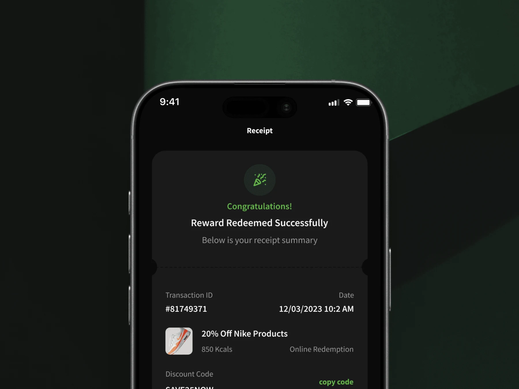 A dark-mode mobile receipt screen showing a successful reward redemption, with a confirmation message and receipt details for a 20% off Nike products reward worth 850 calories.