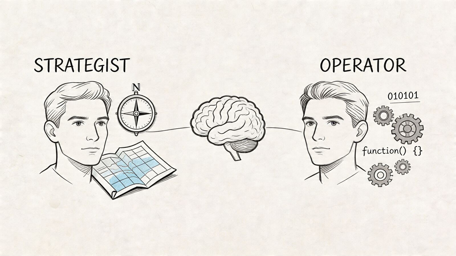 A conceptual illustration contrasting the strategic mindset versus the operational mindset through a human brain.