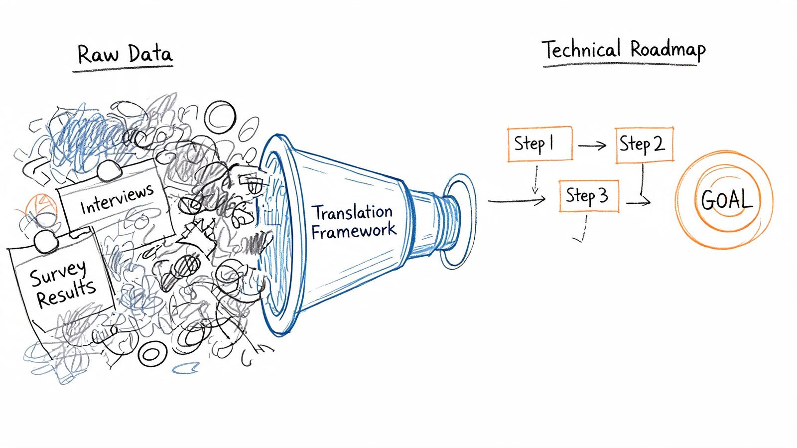 A diagram showing raw research data flowing through a translation framework into a technical roadmap.