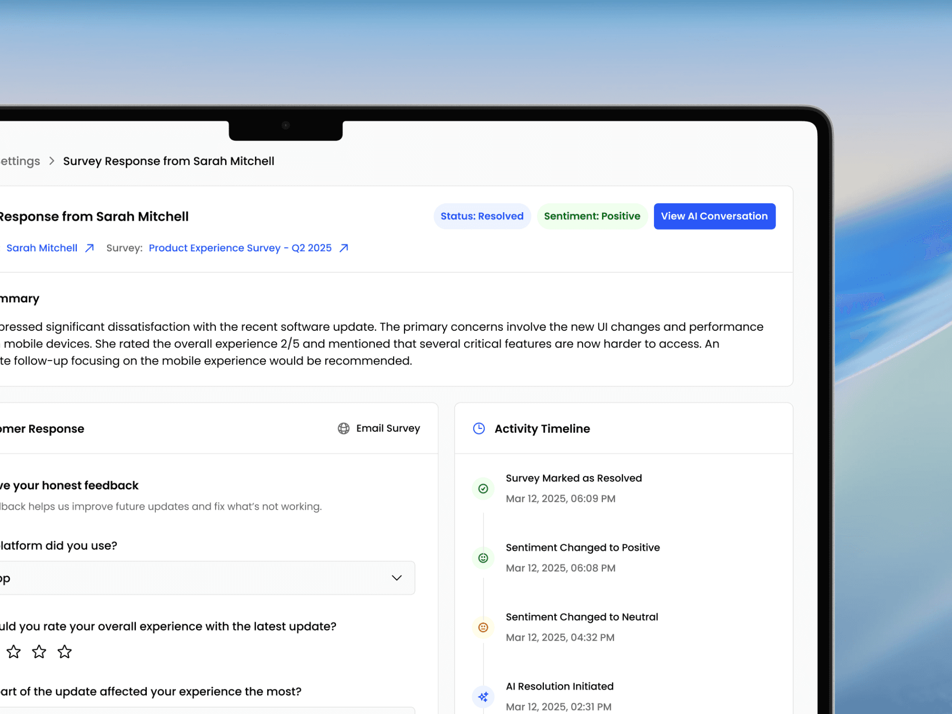 Screenshot of a FeedbackRobot survey response detail page for Sarah Mitchell, showing an AI summary, activity timeline, and resolved status, displayed on a tablet.