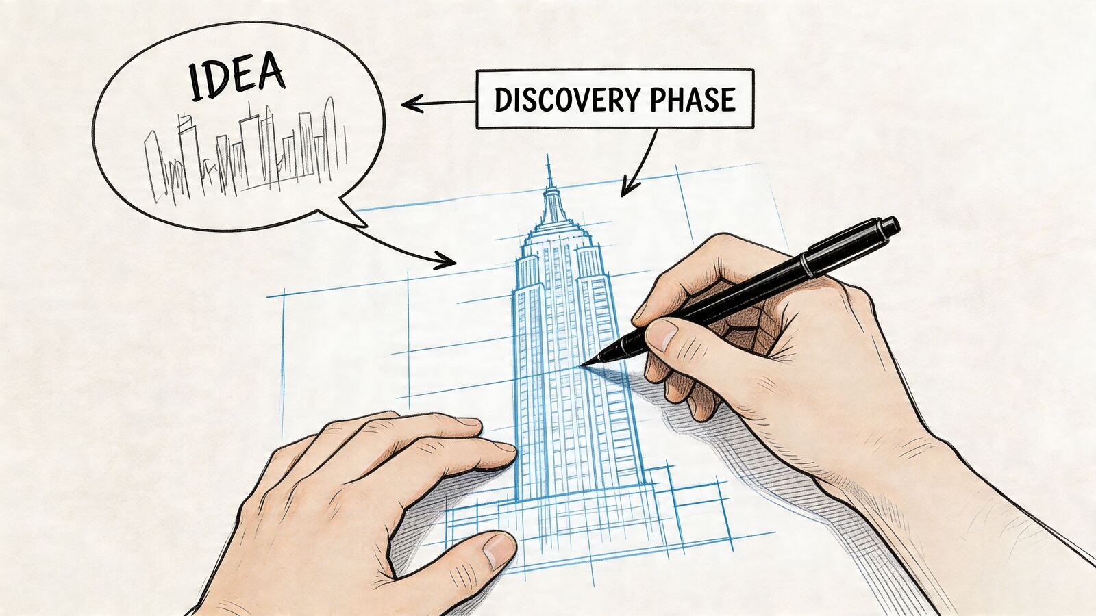 A hand drawing a detailed architectural sketch of a tall skyscraper on blue grid paper.