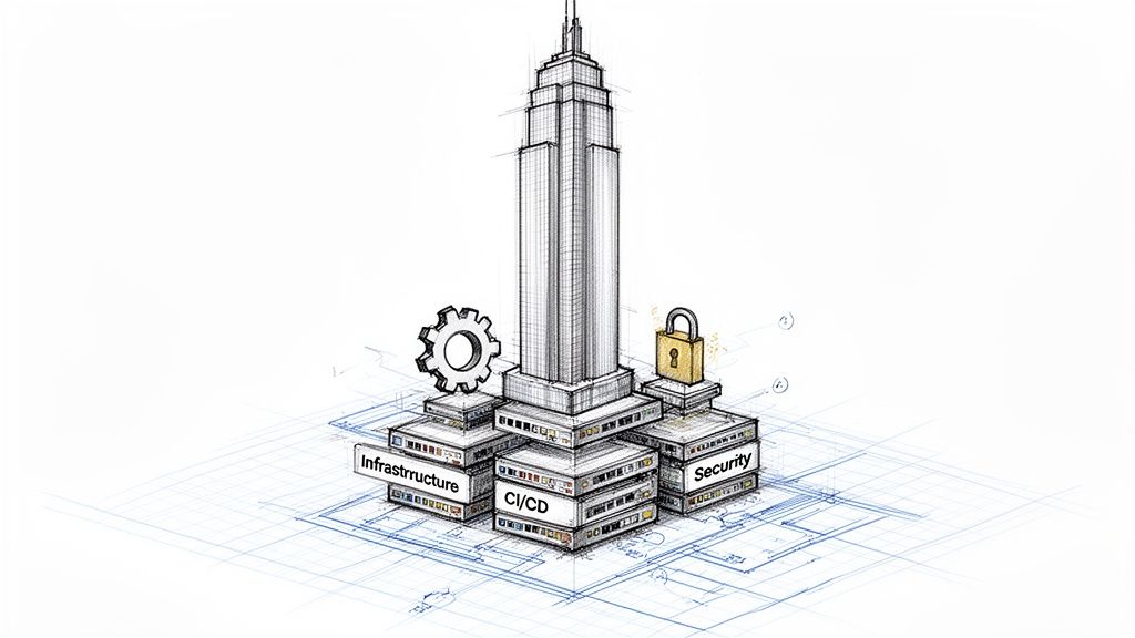 A skyscraper blueprint representing custom application development, built on foundations of infrastructure, CI/CD, and security.