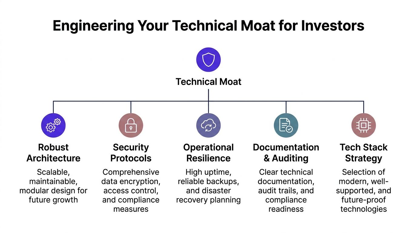 A diagram illustrating five key components for building a defensible technical edge that impresses potential technology investors.