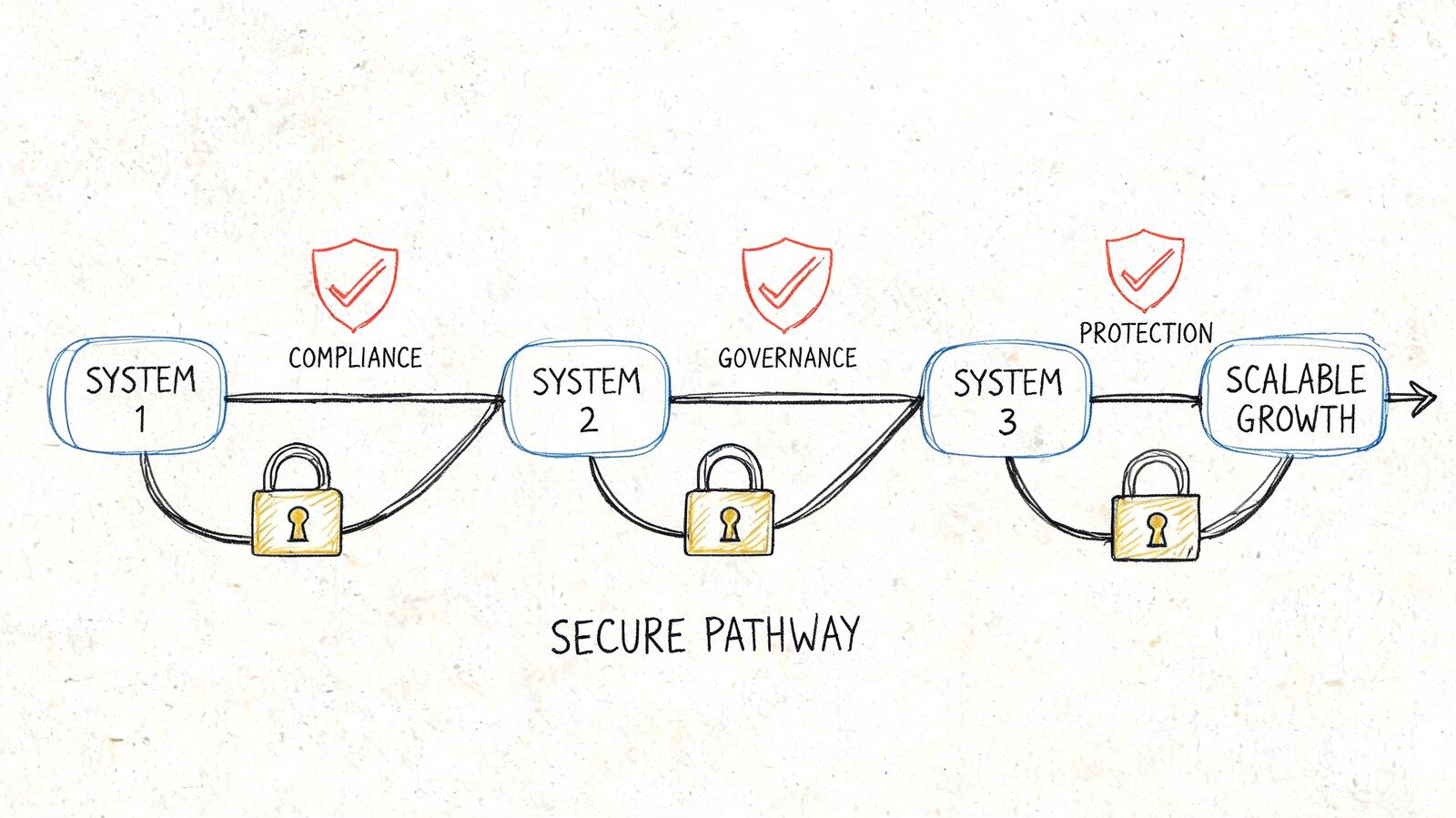A diagram illustrating a secure pathway for enterprise systems through compliance, governance, and protection toward scalable growth.