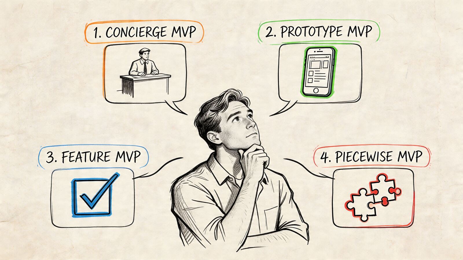 A man thinking about four different types of Minimum Viable Product strategies illustrated in sketches.