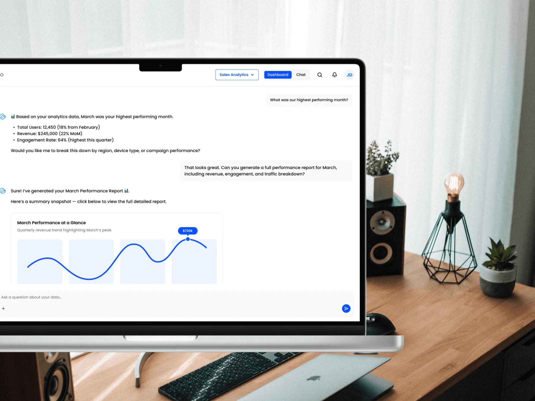 Screenshot of a Statspresso AI chat conversation with a performance summary and trend chart, displayed on a laptop on a desk.