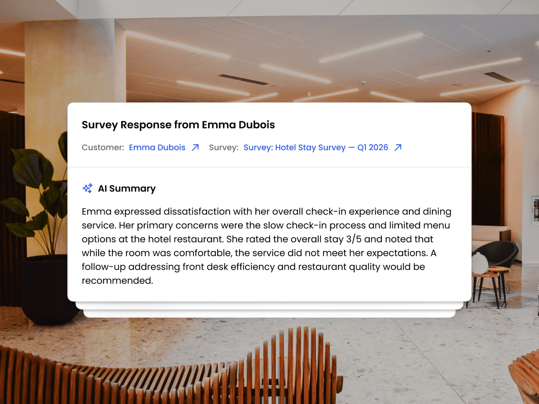 FeedbackRobot UI card showing an AI-generated summary of a hotel guest's survey response, overlaid on a photo of a modern hotel lobby.
