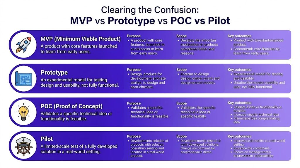 A comparison chart explaining the differences between MVP, prototype, proof of concept, and pilot project definitions.