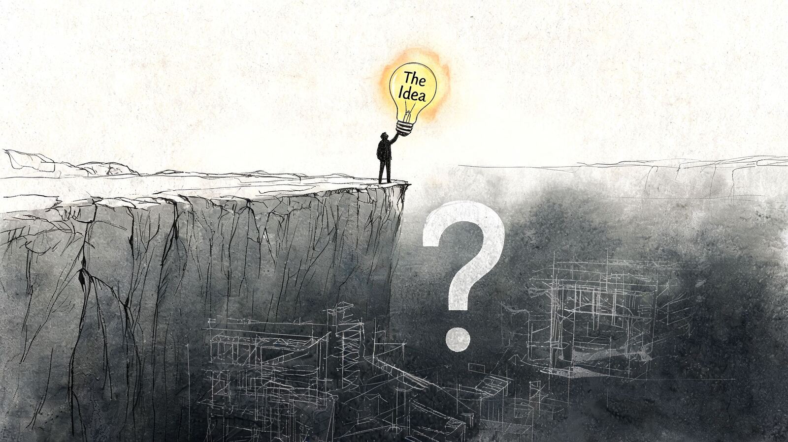 A person standing on a cliff edge holding a glowing lightbulb representing an idea above a question mark.