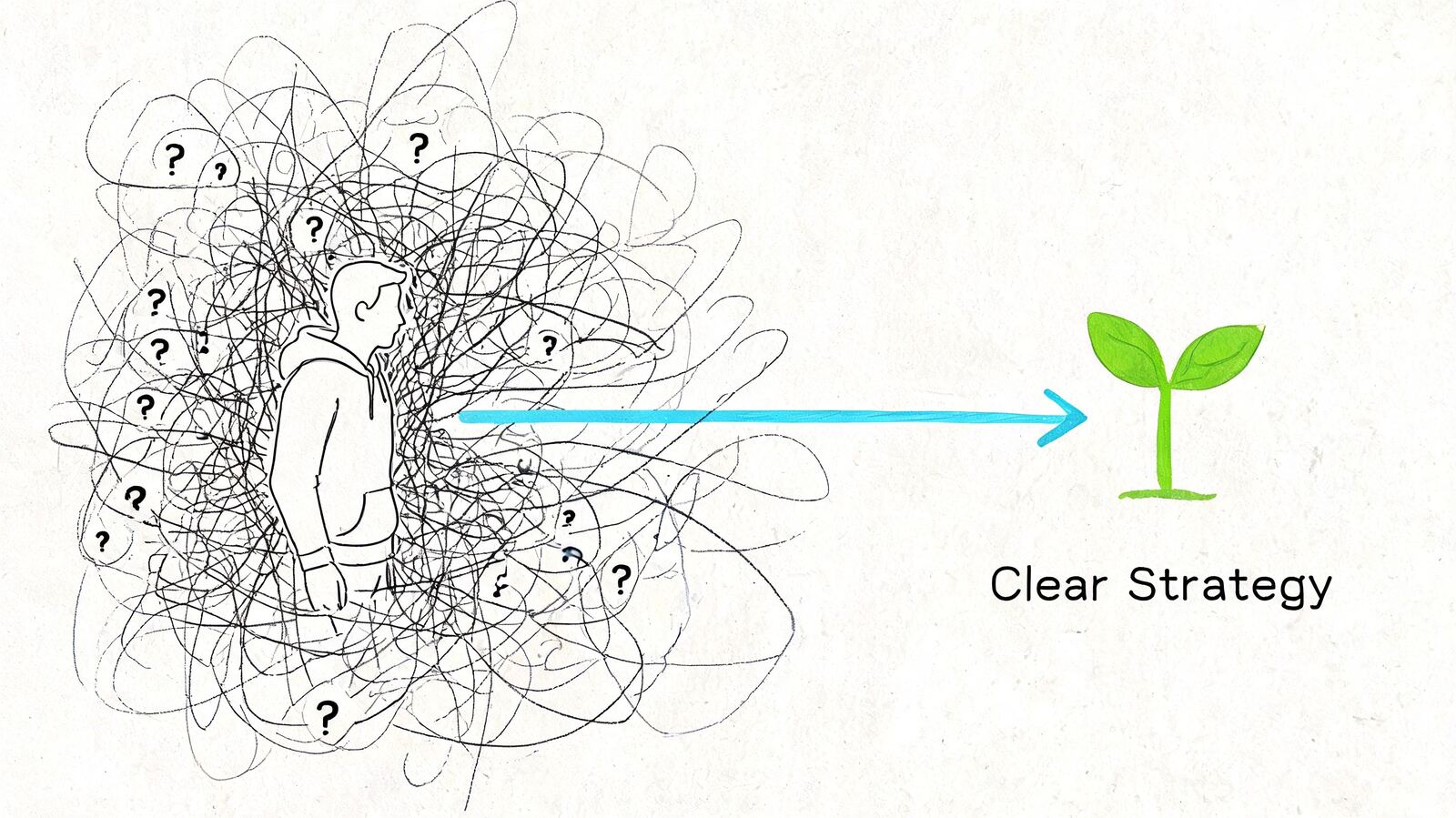 A person standing in a chaotic mess of lines and question marks moving towards a clear strategy plant.
