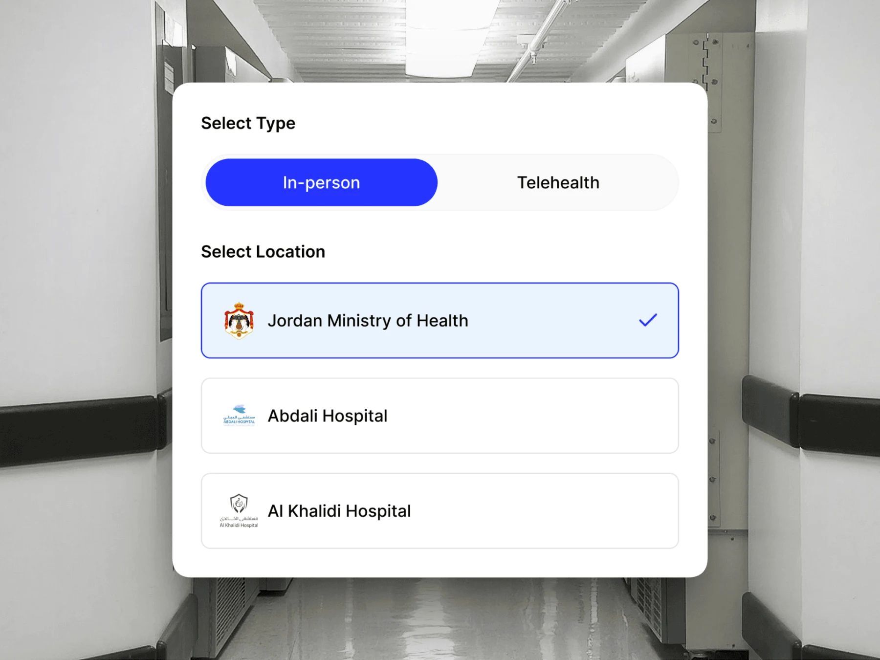 Screenshot of the AI Health Clinic app's appointment booking screen with in-person and telehealth options and a hospital location selector, overlaid on a hospital corridor photo.
