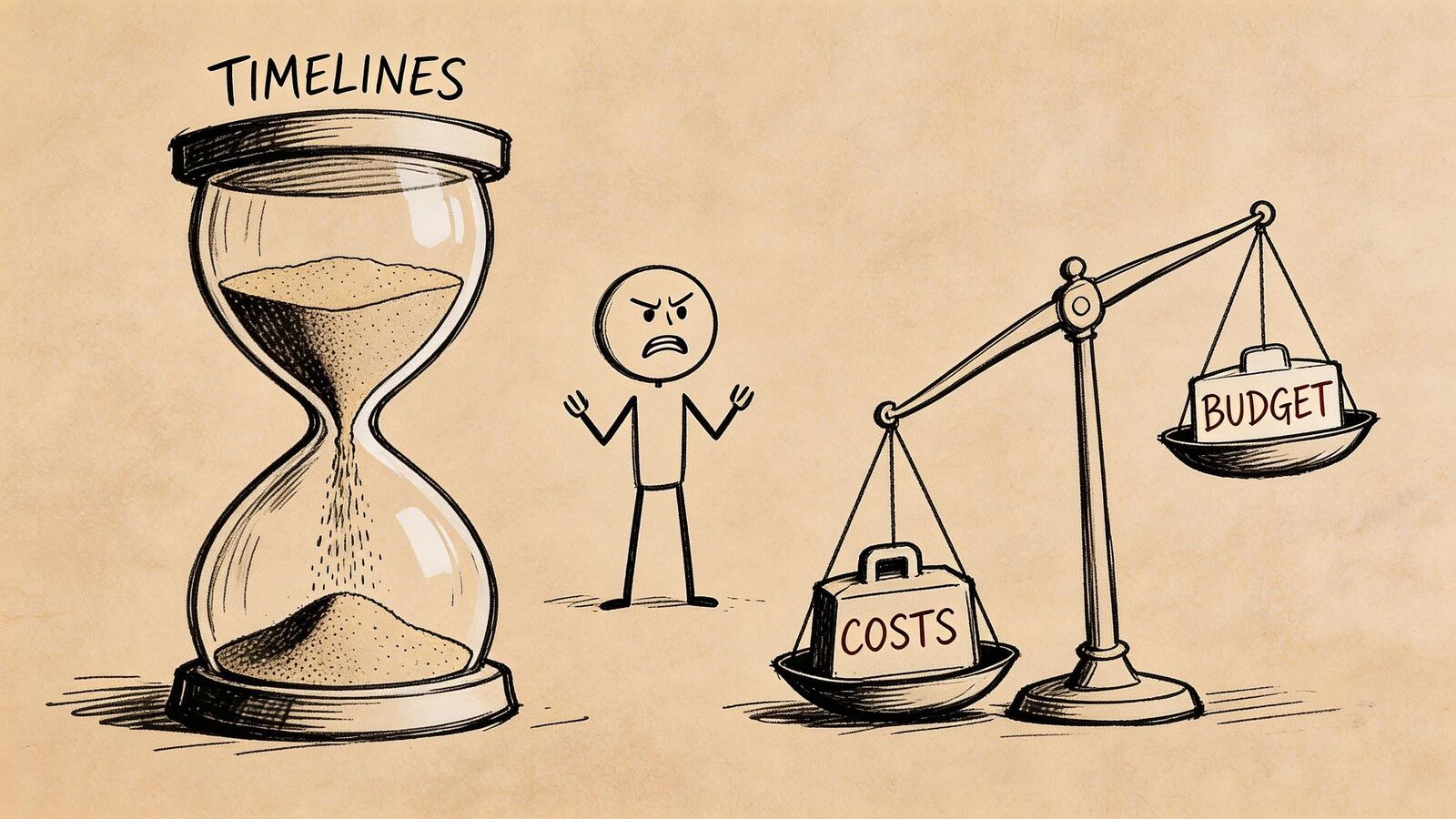 A hand-drawn illustration depicting a frustrated stick figure standing between a hourglass and an unbalanced scale.