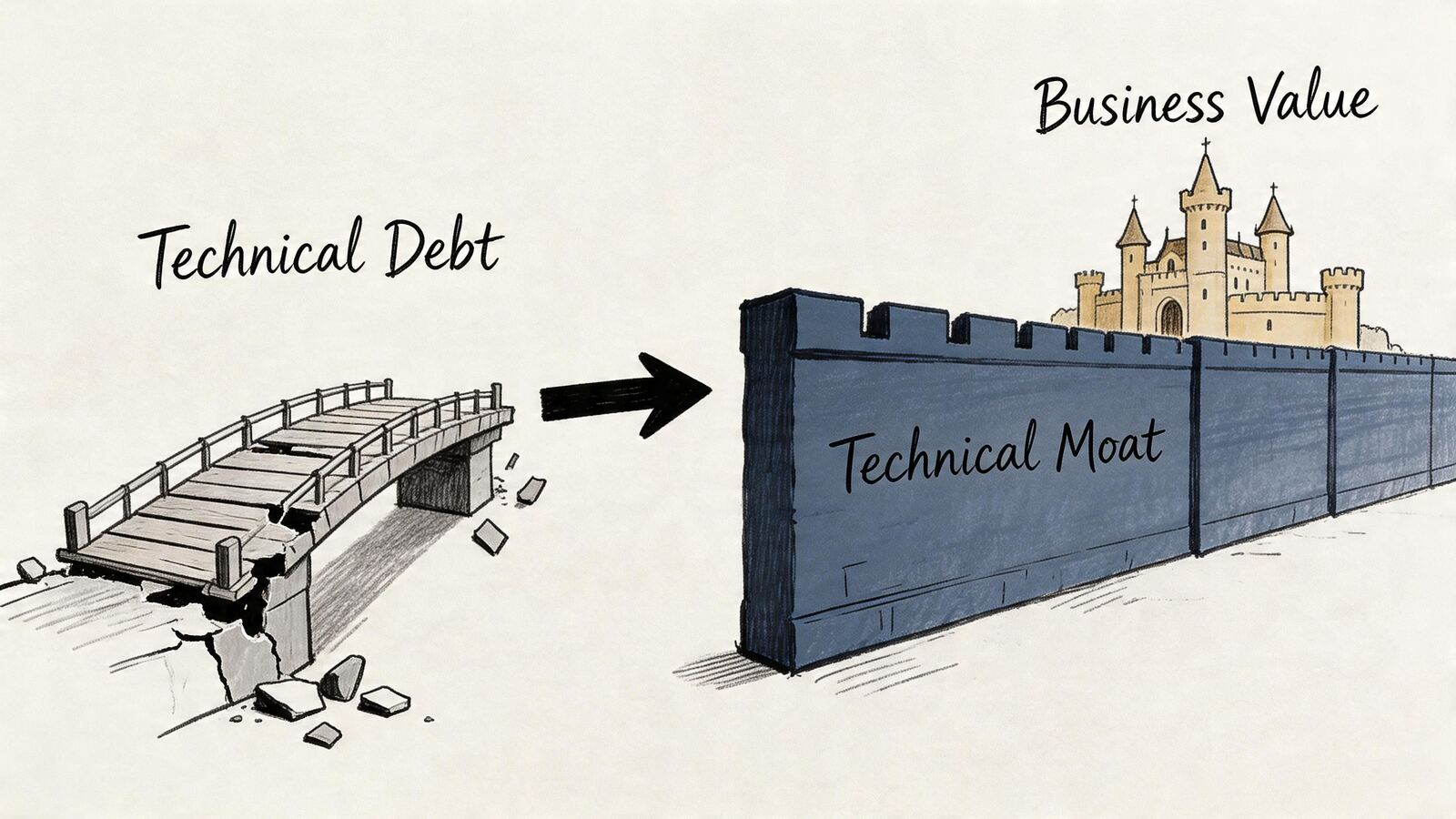 An illustration contrasting technical debt as a crumbling bridge versus a fortified system protecting business value.