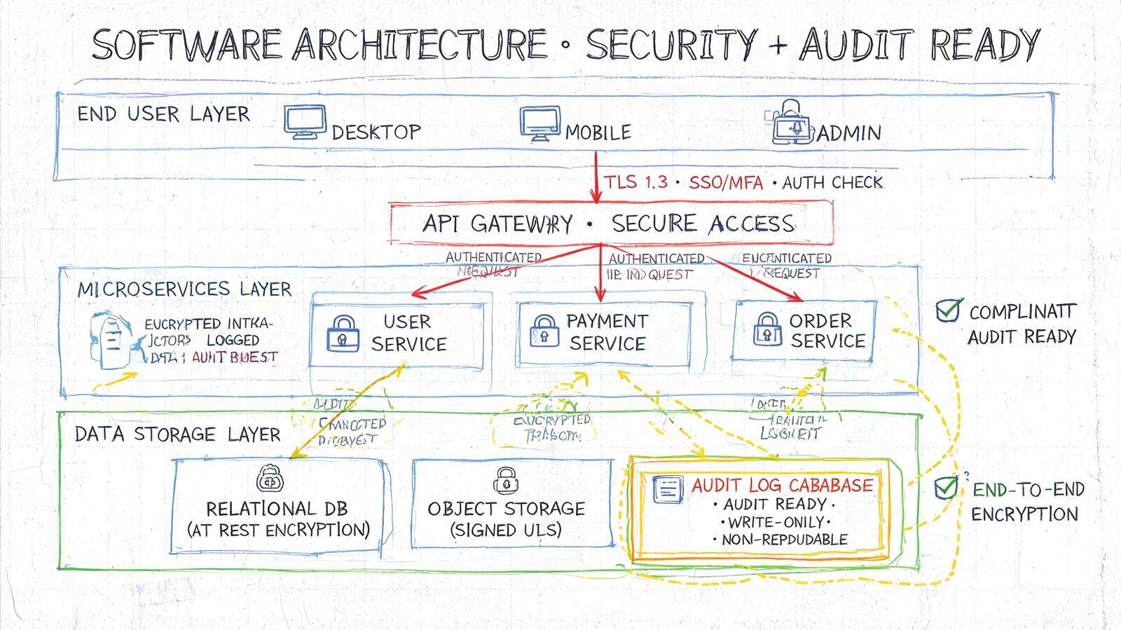 A hand-drawn software architecture diagram showing layers for security, microservices, and audit-ready data storage systems.
