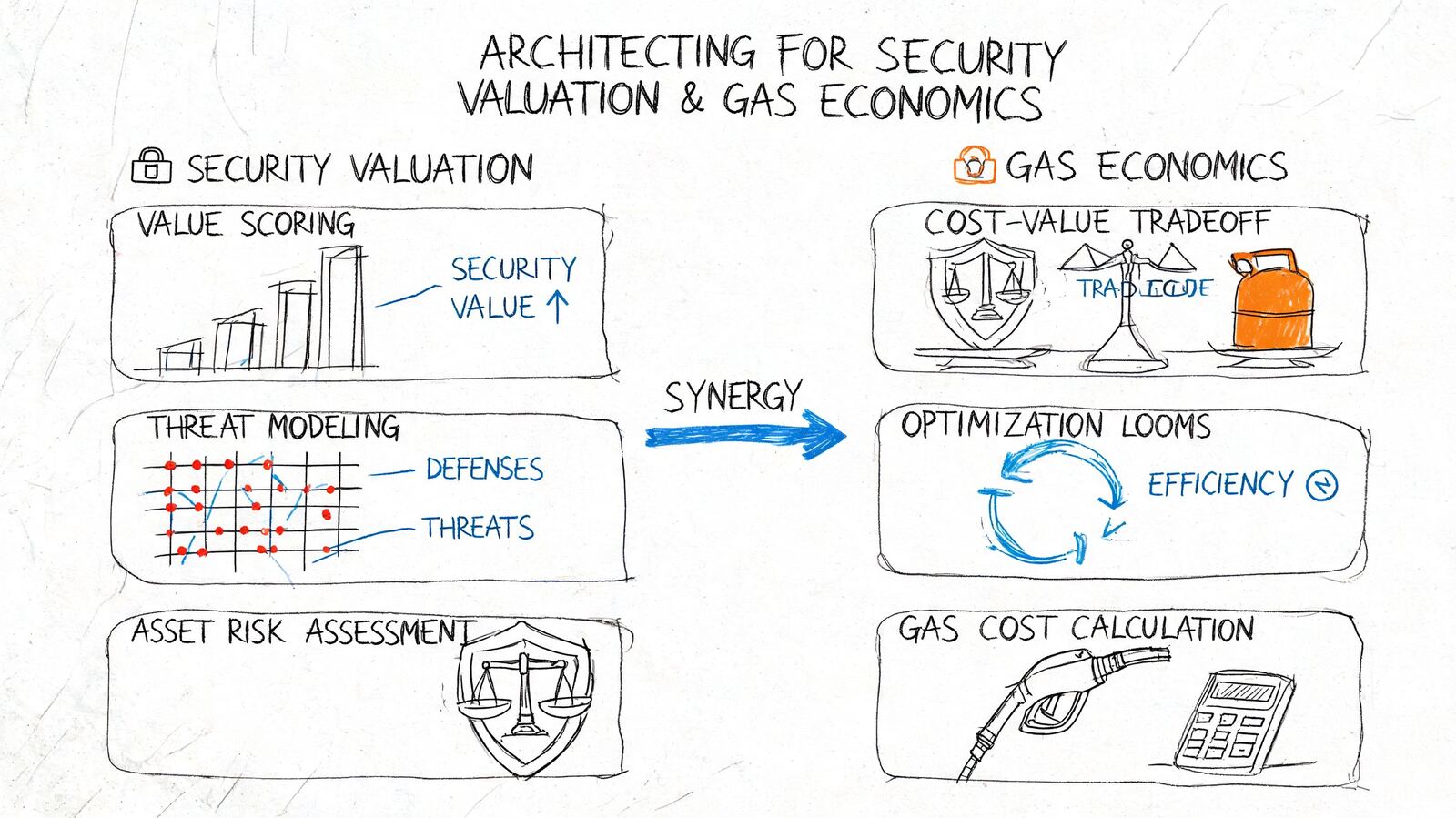 A hand-drawn diagram illustrating the relationship between security valuation and gas economics in blockchain software development.