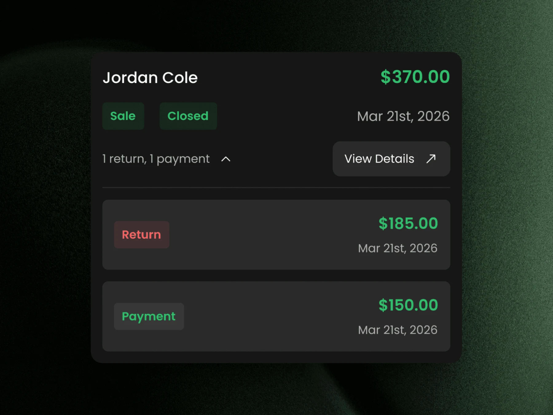 Screenshot of a Staackbooks transaction detail for a customer showing a sale, return, and payment breakdown with amounts and dates.