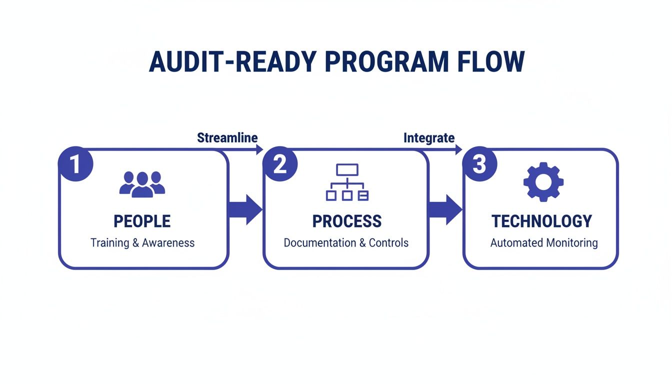 A three-step audit-ready program flow diagram showing people, process, and technology integration.